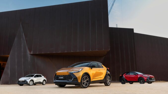 2024 Toyota C-HR range. GXL (L), Koba (centre) and GR Sport (R).