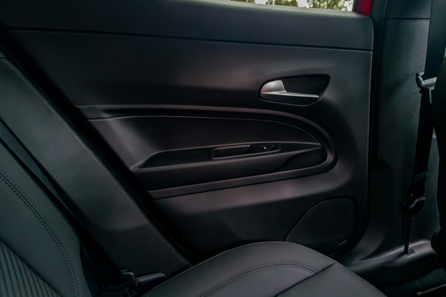 Rear door panel with sculpted armrest and contrast trim detail