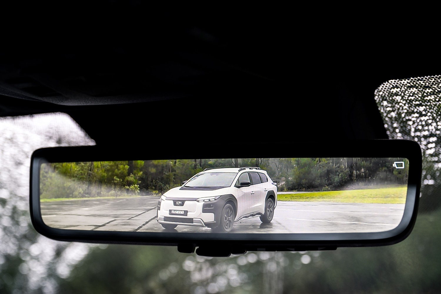 2026 Subaru Trailseeker electric SUV, digital rear-view mirror showing a car behind