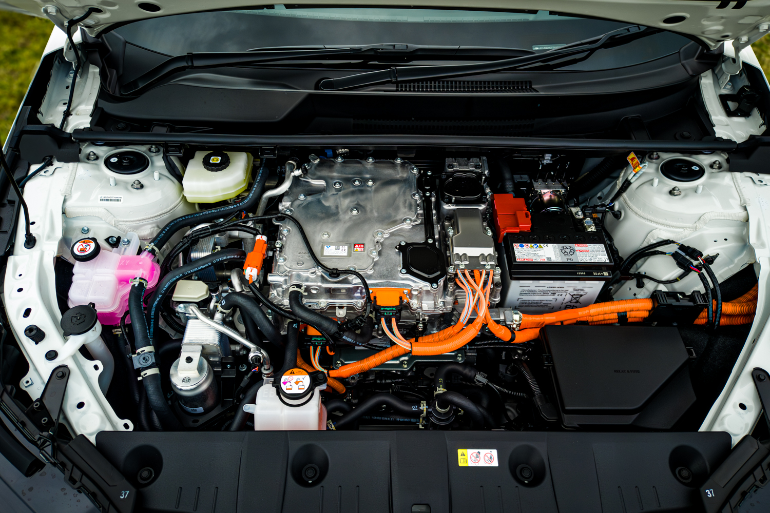 2026 Subaru Trailseeker electric SUV, under-bonnet front motor and electronics with orange HV cables