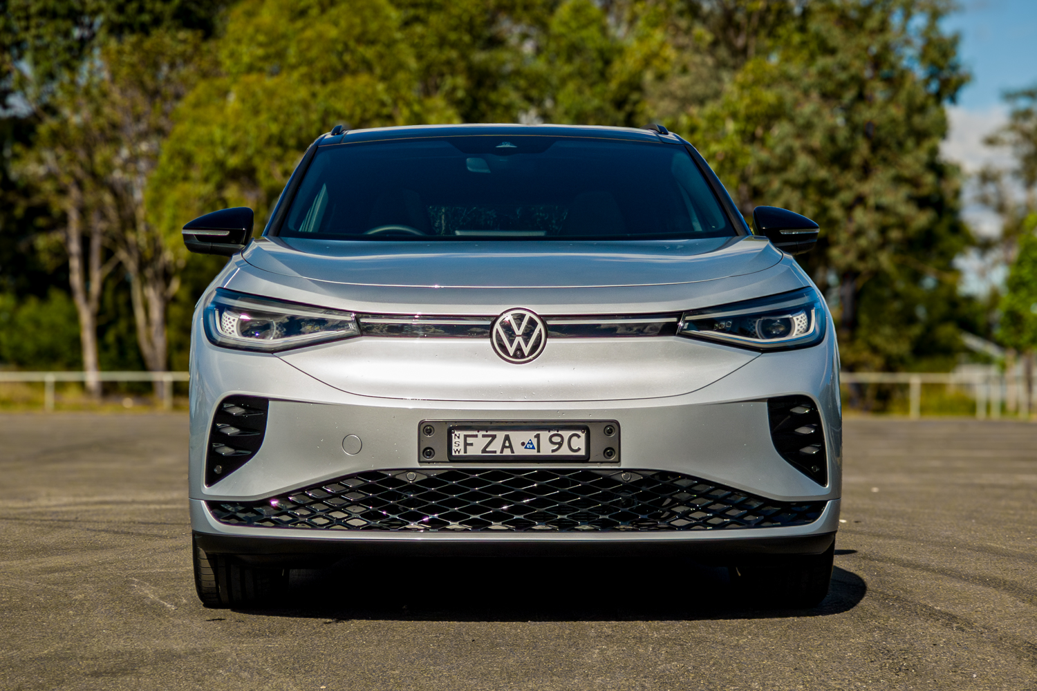 Straight-on front view of the silver 2026 Volkswagen ID.4 GTX electric SUV