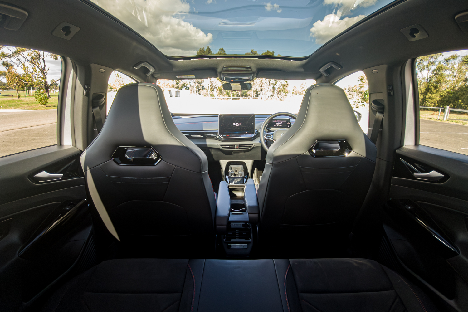 View from the rear seats of the 2026 Volkswagen ID.4 GTX toward the front