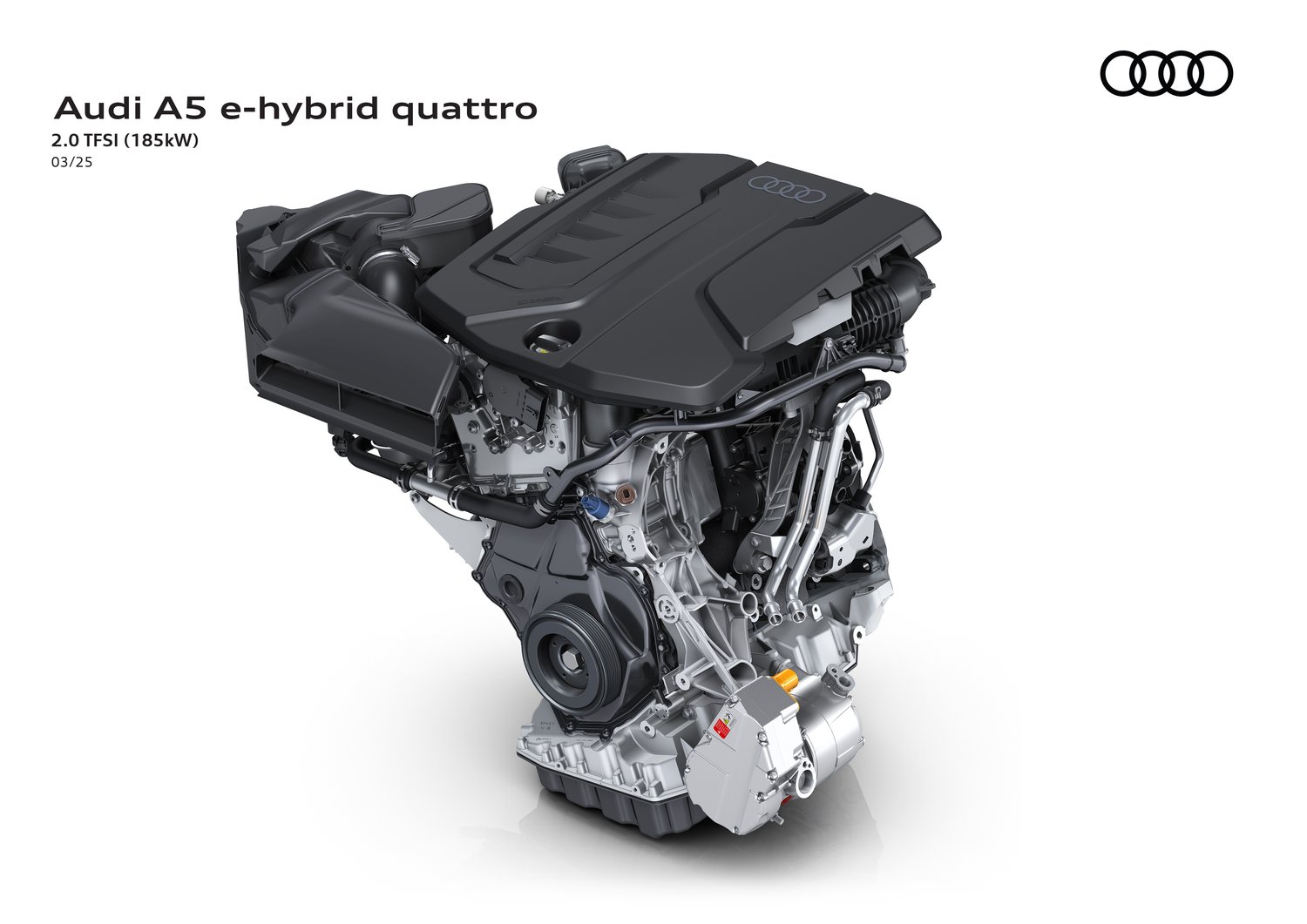 The 2.0 TFSI 185kW petrol engine from the 2026 Audi A5 e-hybrid quattro on a white background