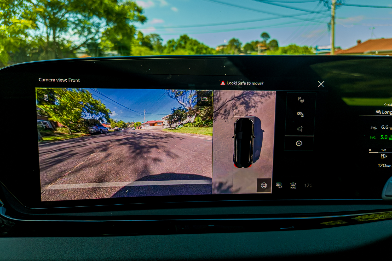 MMI screen showing 360-degree surround-view camera in the 2026 Audi A5 Sedan e-hybrid quattro