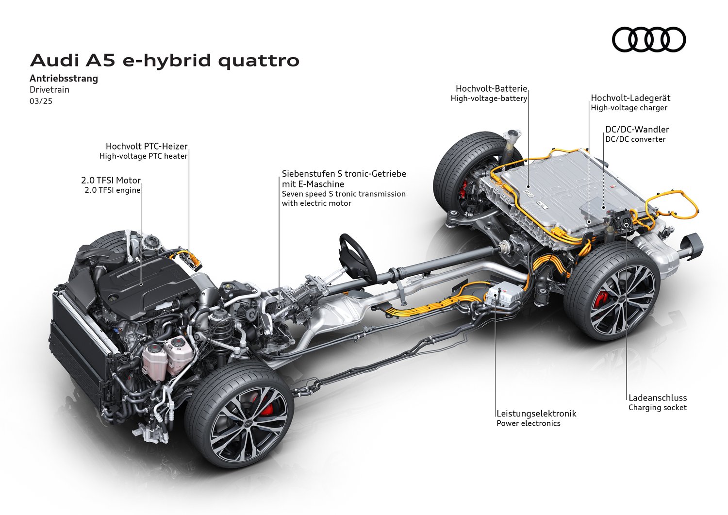Technical cutaway of the 2026 Audi A5 e-hybrid quattro drivetrain showing engine, transmission and high-voltage battery