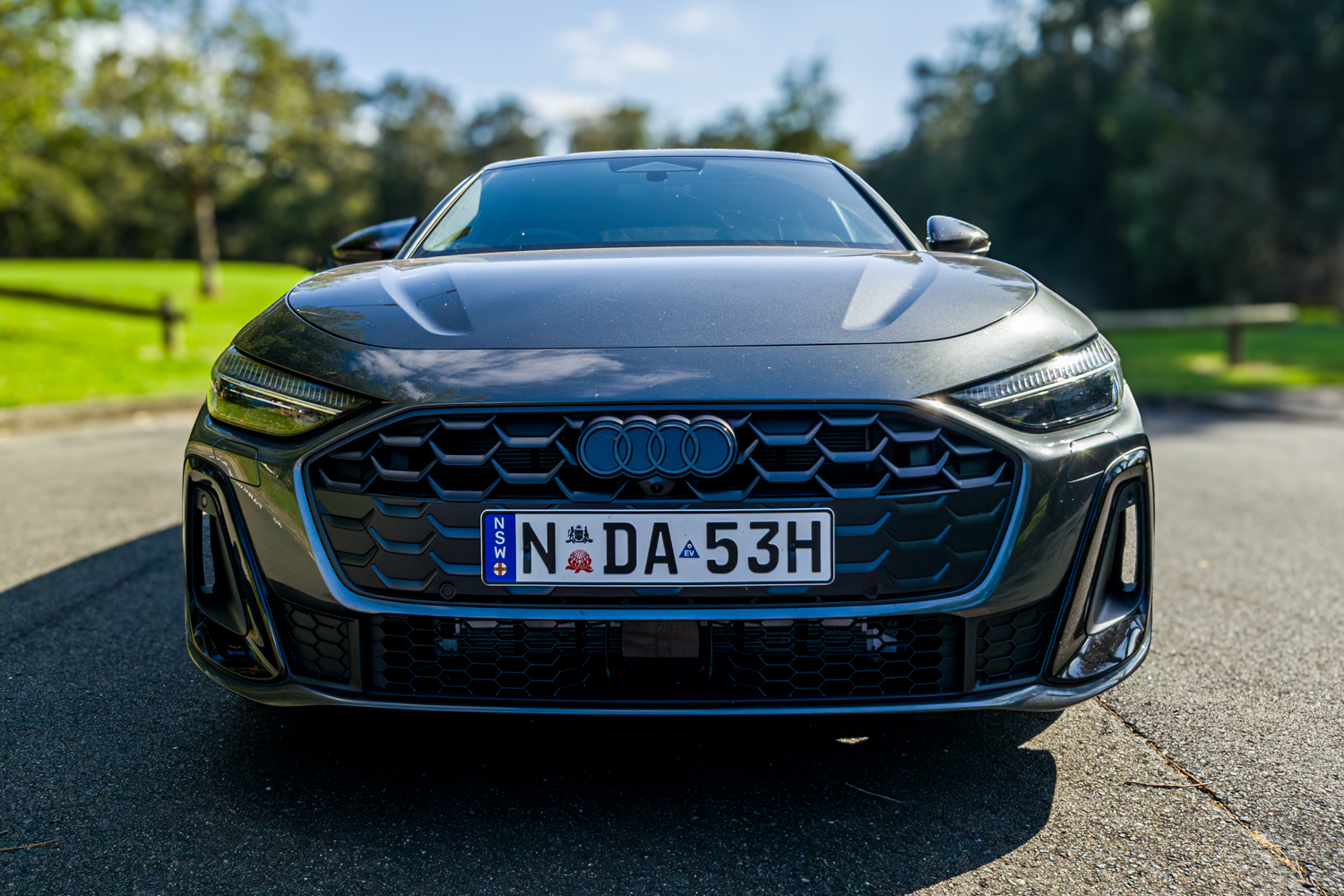 Straight-on front view of the 2026 Audi A5 Sedan e-hybrid quattro showing full grille