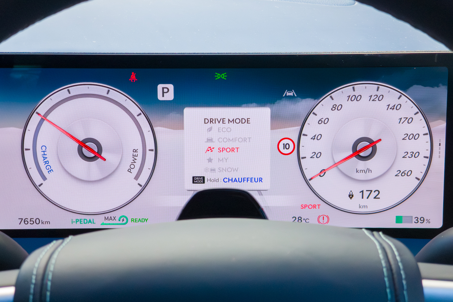 2026 Genesis G80 Electrified digital instrument cluster showing drive mode selection menu in Sport