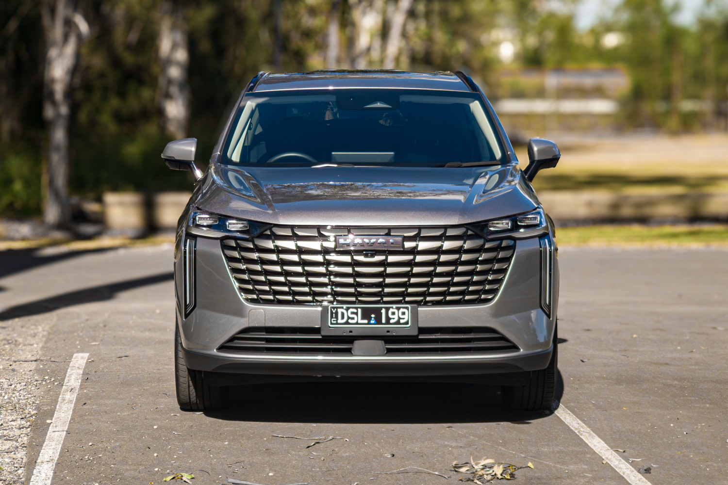 Straight on front view of the grey 2026 GWM Haval H6 PHEV