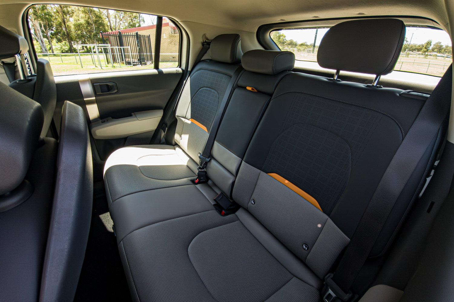 Wide view of the rear seats and cabin space in the 2026 Kia EV3 Earth Long Range