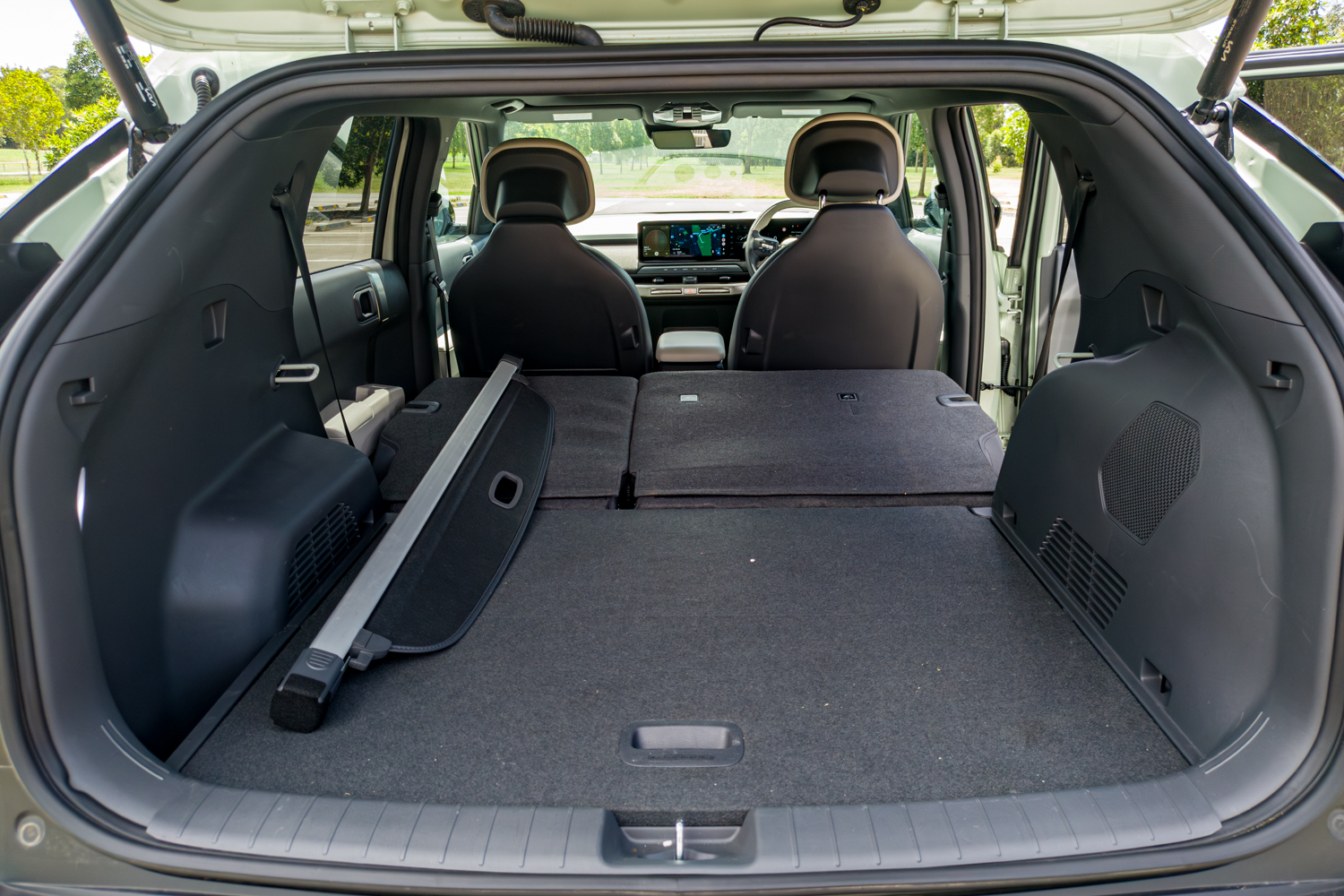 Boot of the 2026 Kia EV3 GT-Line with rear seats folded for maximum cargo space
