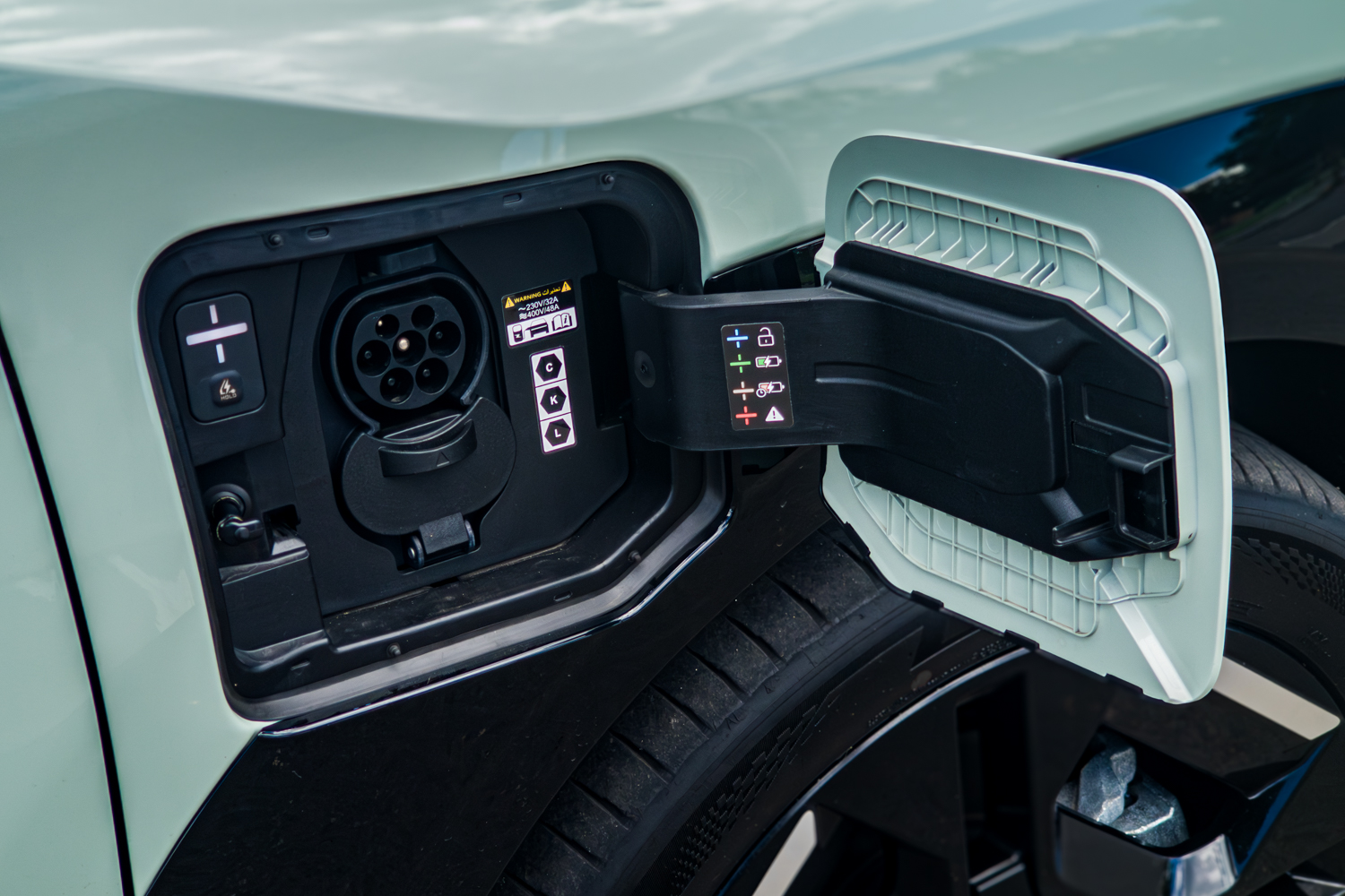 Open charging port on the 2026 Kia EV3 GT-Line showing Type 2 AC connector socket