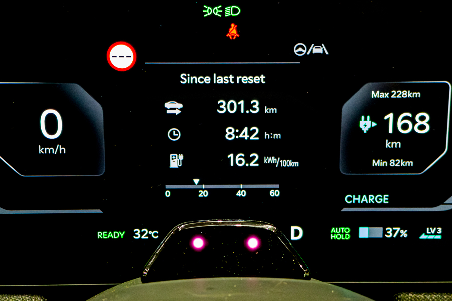Digital instrument cluster of the 2026 Kia EV3 GT-Line showing 168km range and trip data