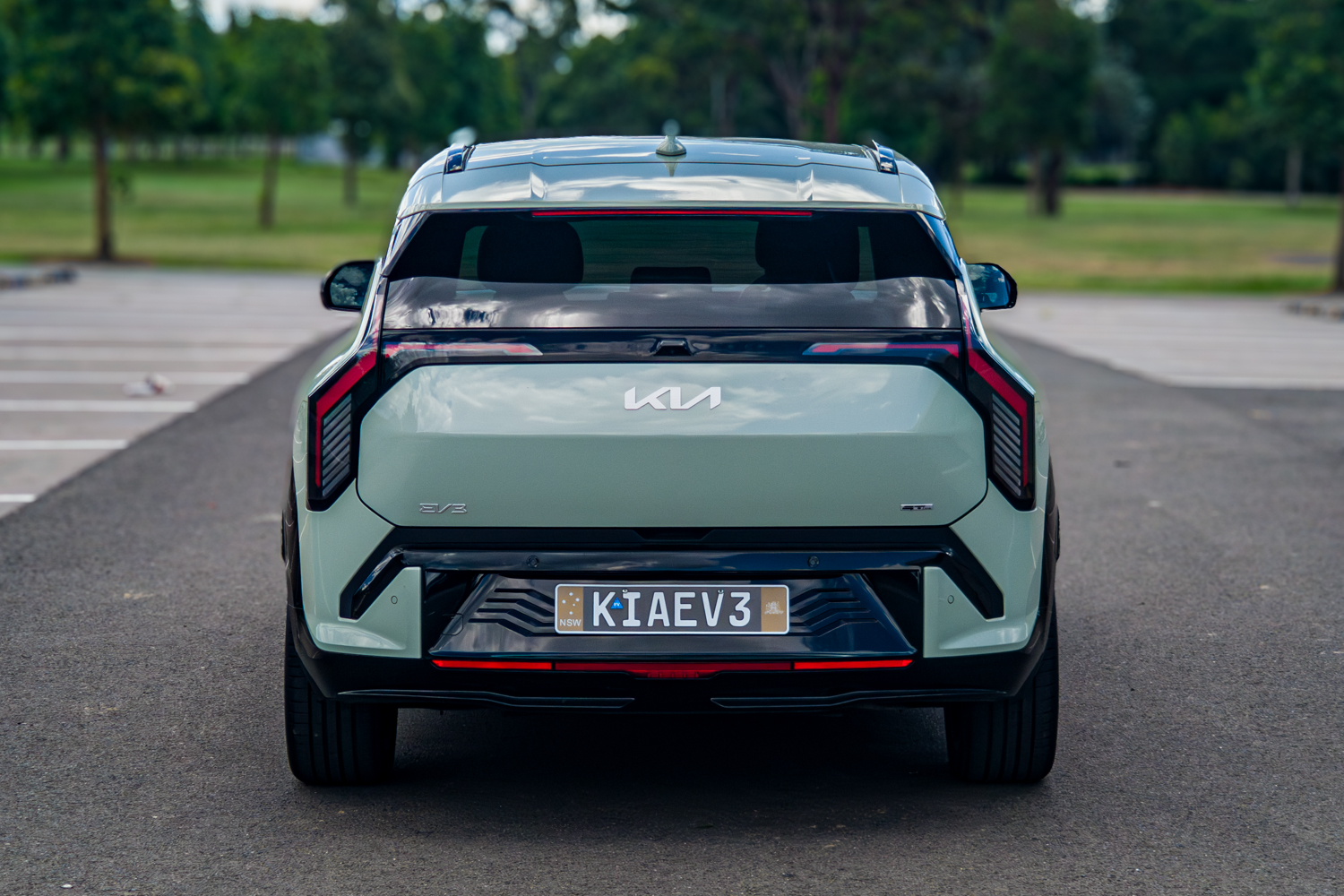 Full rear straight-on view of the 2026 Kia EV3 GT-Line showing Kia and EV3 badges