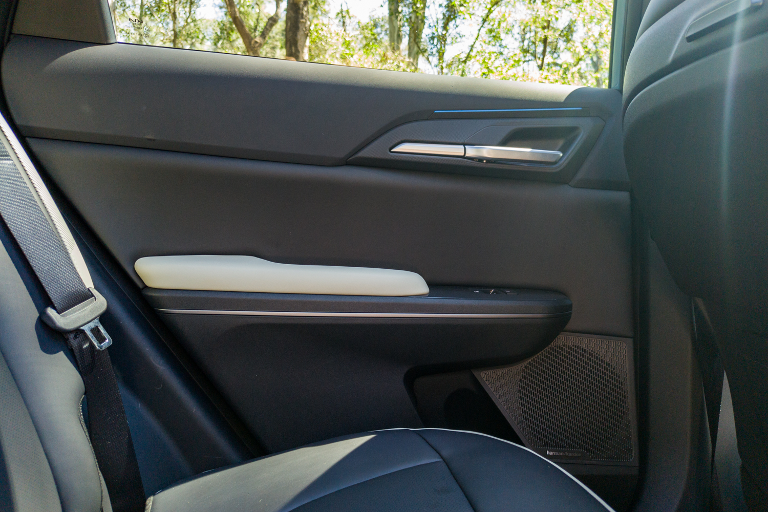 Rear door card of the Kia EV5 GT-Line with Harman/Kardon speaker and padded armrest