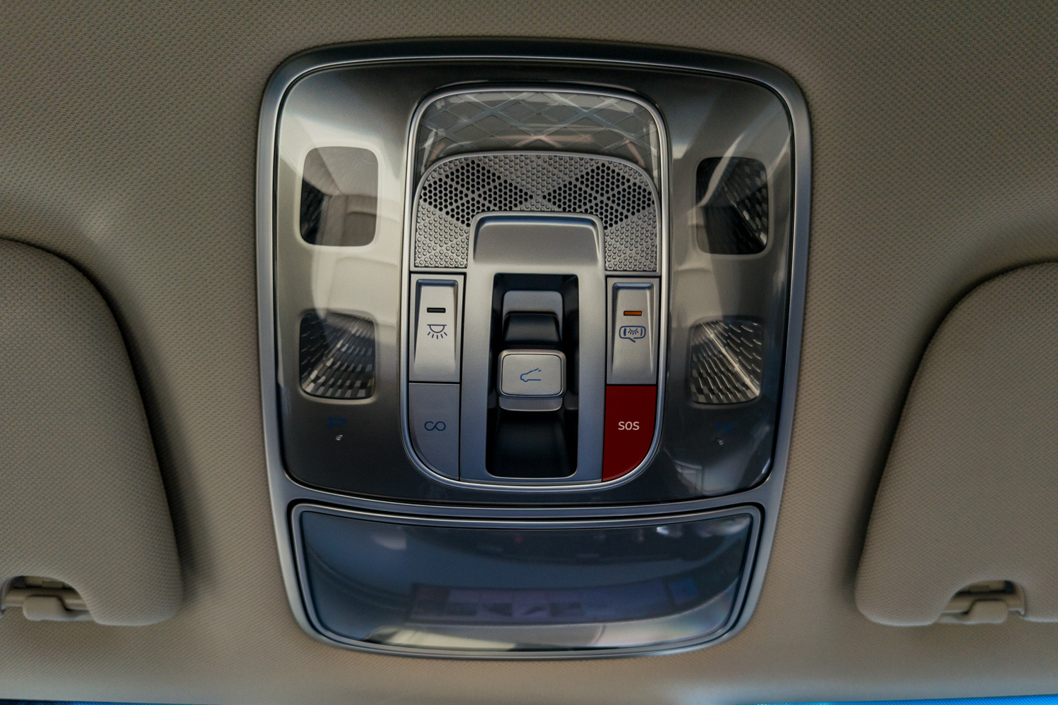 Overhead console of the 2026 Genesis GV70 2.5T Advanced showing the sunroof switch, reading lights and SOS button