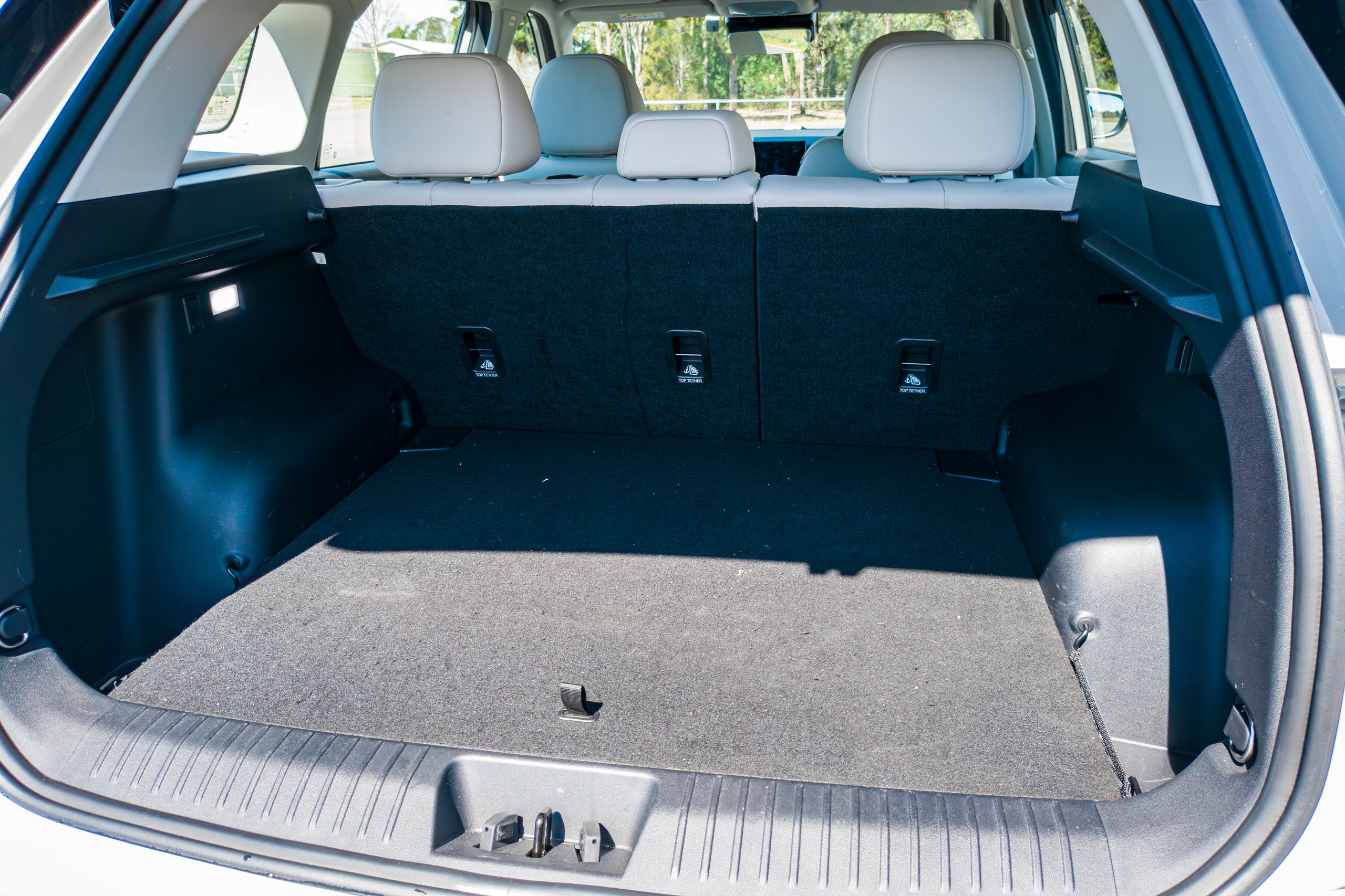 Empty boot of the 2026 Jaecoo J5 EV Summit viewed straight on with the rear seats upright