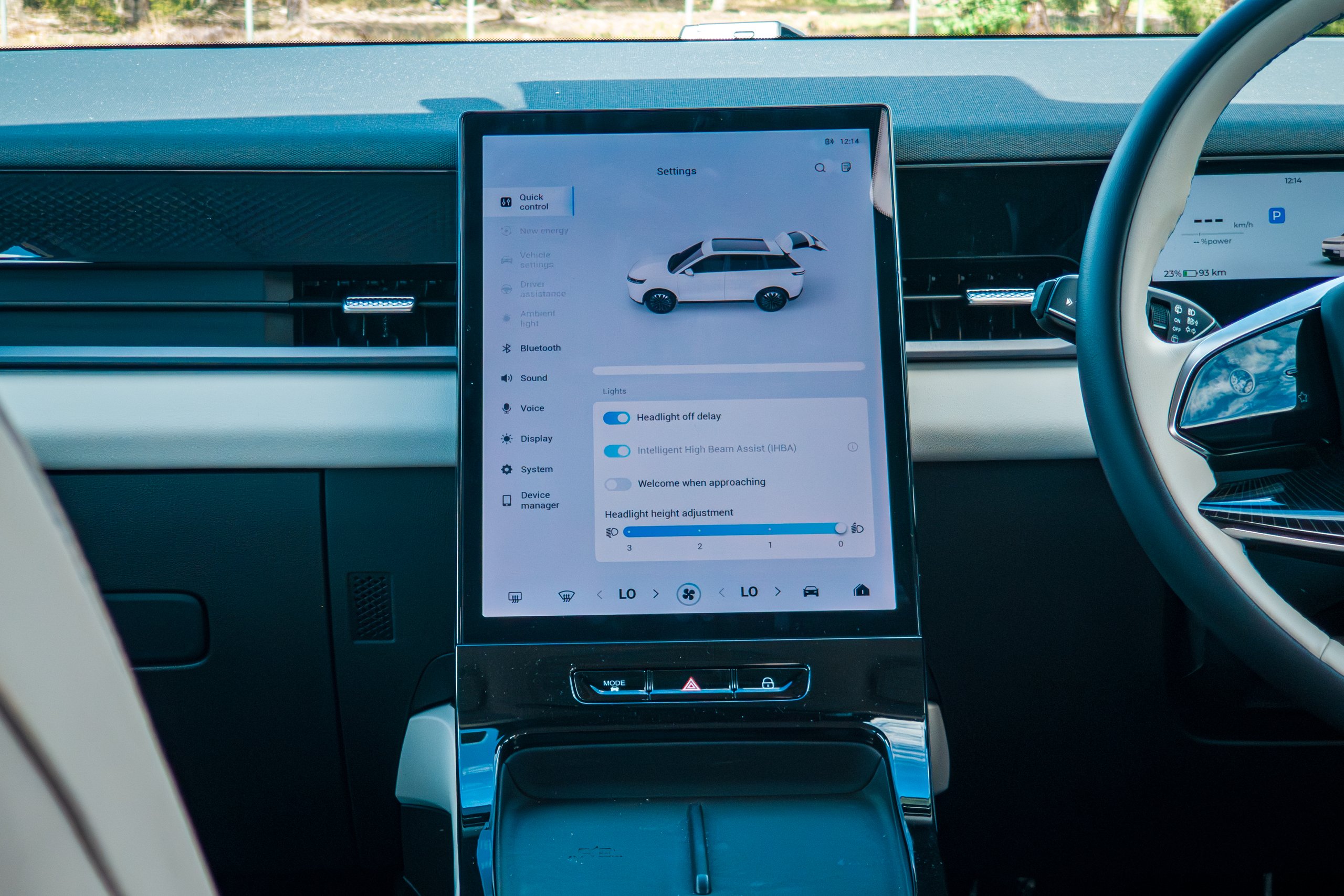 Portrait infotainment touchscreen in the 2026 Jaecoo J5 EV Summit showing the vehicle settings menu
