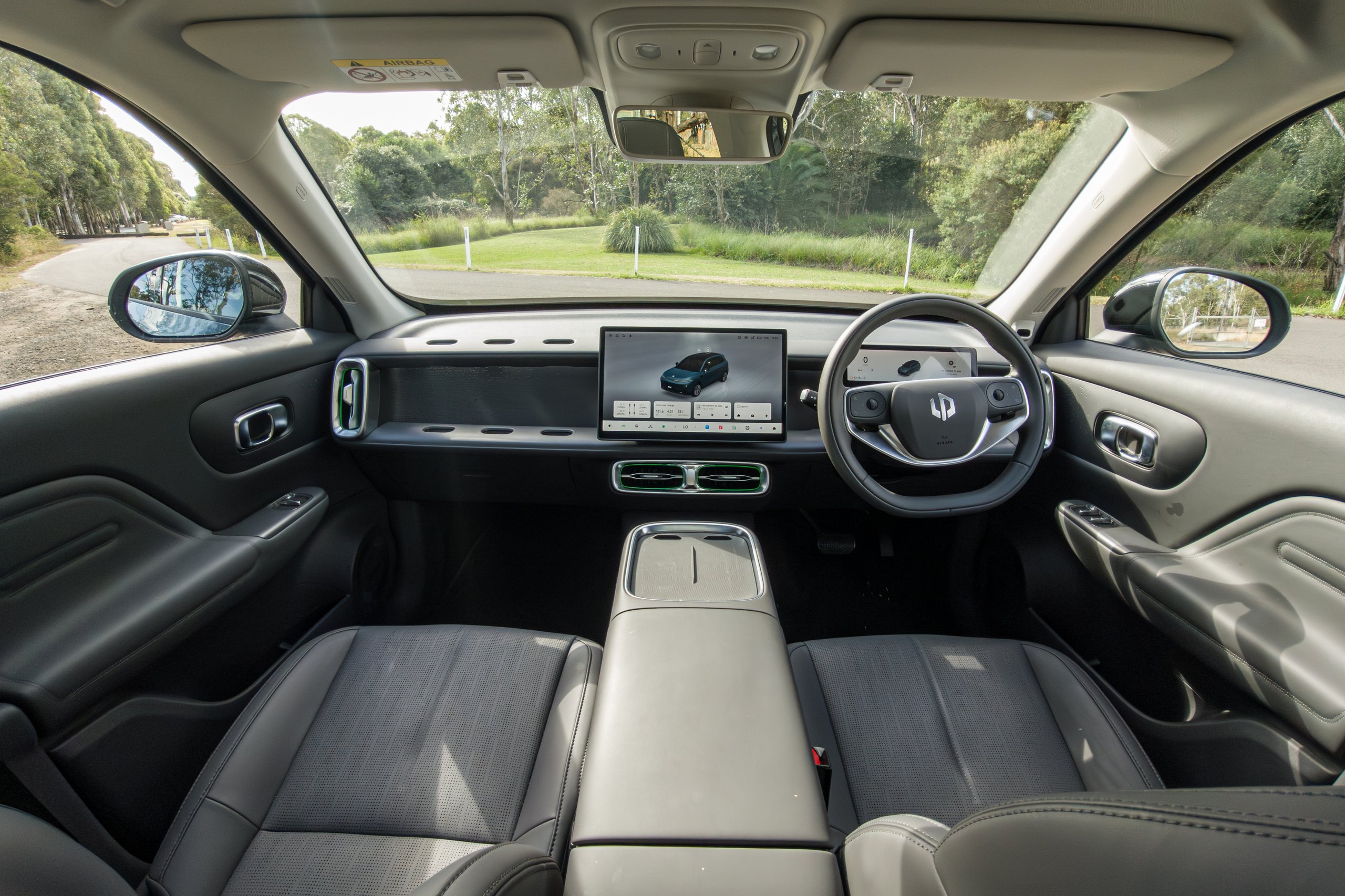 Wide interior cockpit view of the 2026 Leapmotor B10 showing infotainment screen and steering wheel