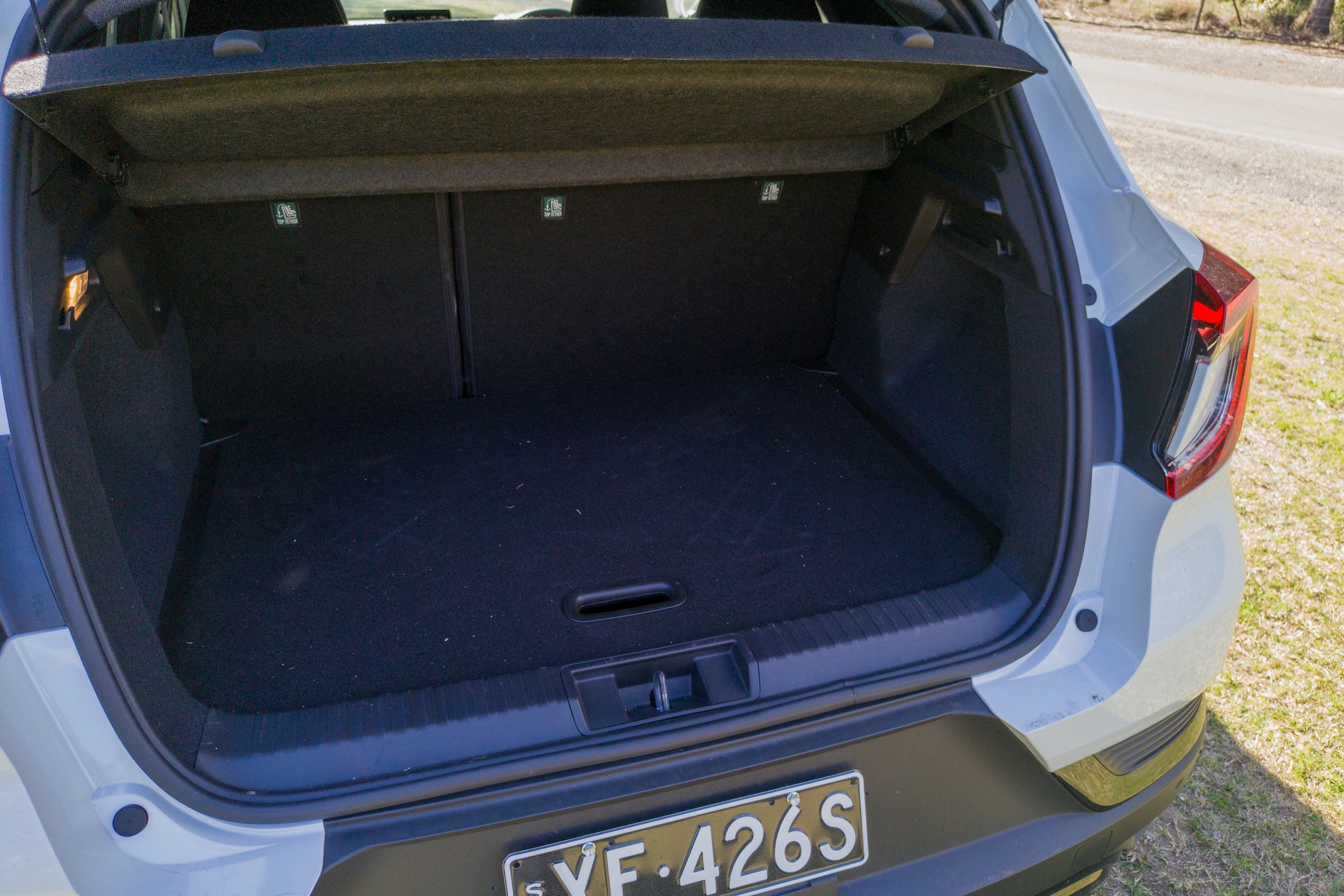 Open boot of the Crystal White 2026 Mitsubishi ASX Aspire showing the cargo area and parcel shelf