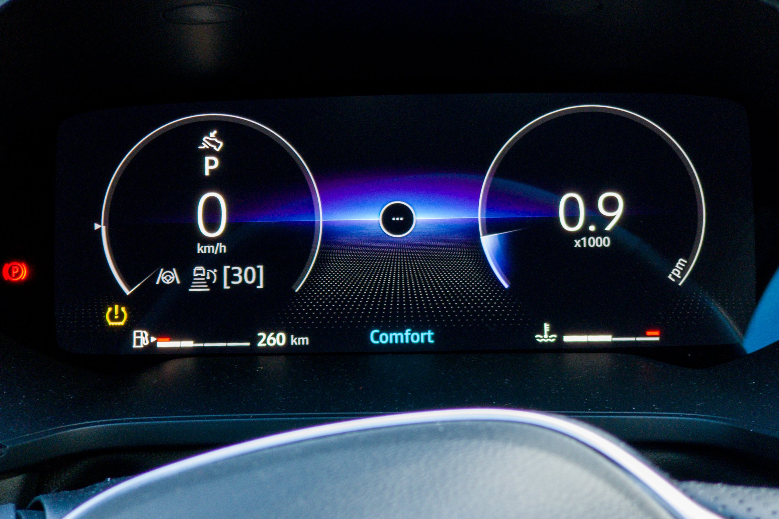 Close view of the 2026 Mitsubishi ASX Aspire digital instrument cluster showing 260km range